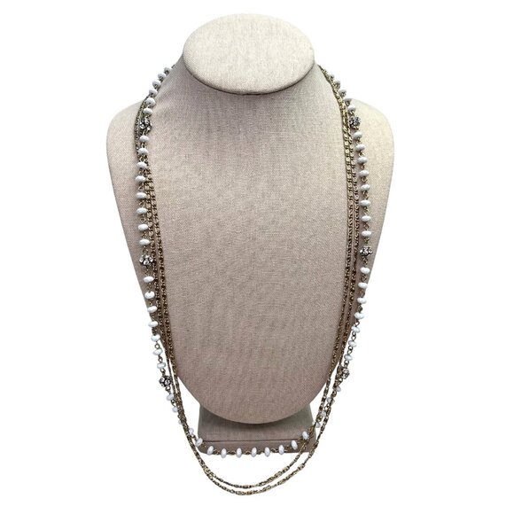 Multi Strand Beaded Necklace Gold Tone White Rhinestones Chain - Picture 1 of 7